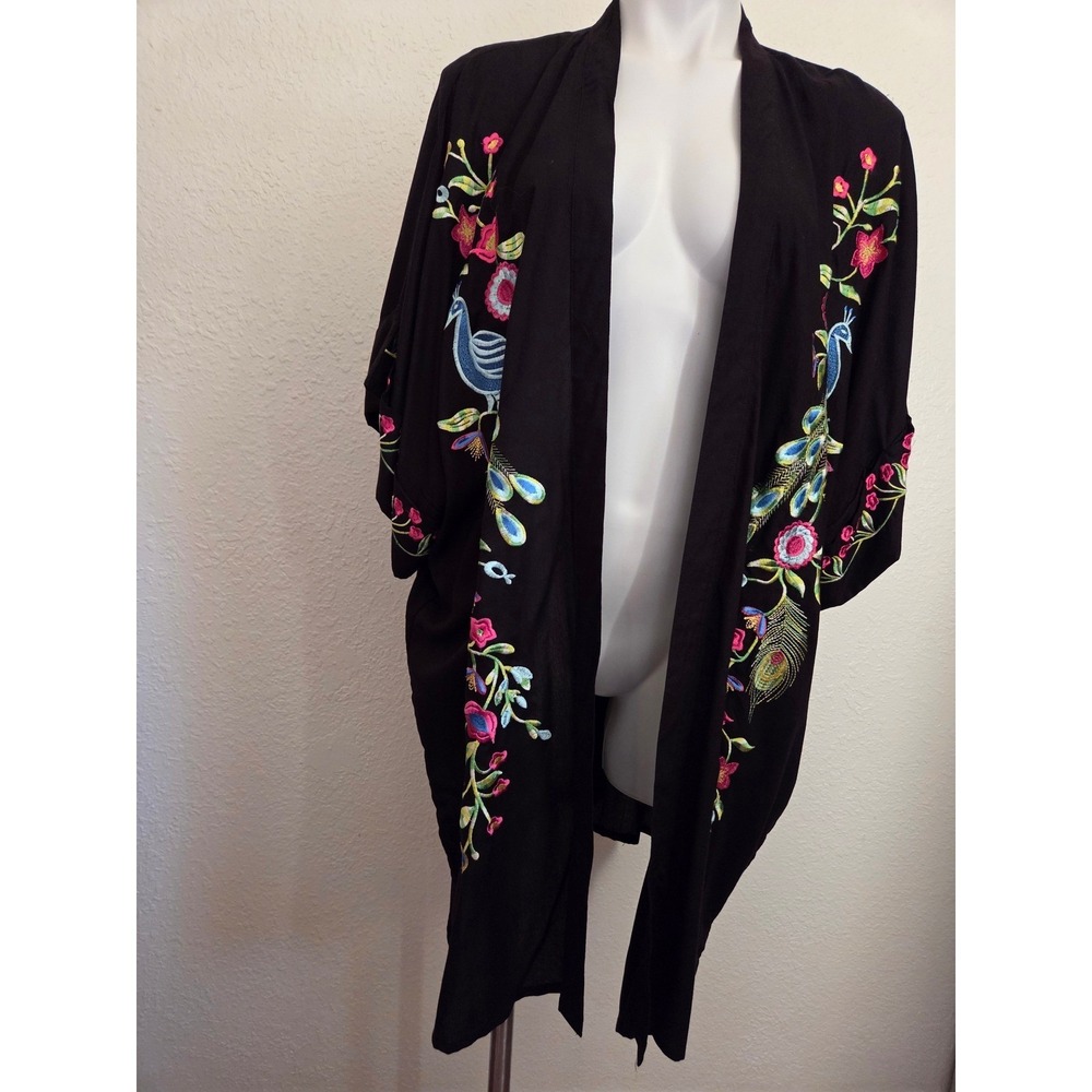 Romeo Juliet Couture Black Peacock Floral‎ Embroidered Kimono Cardigan Robe L
